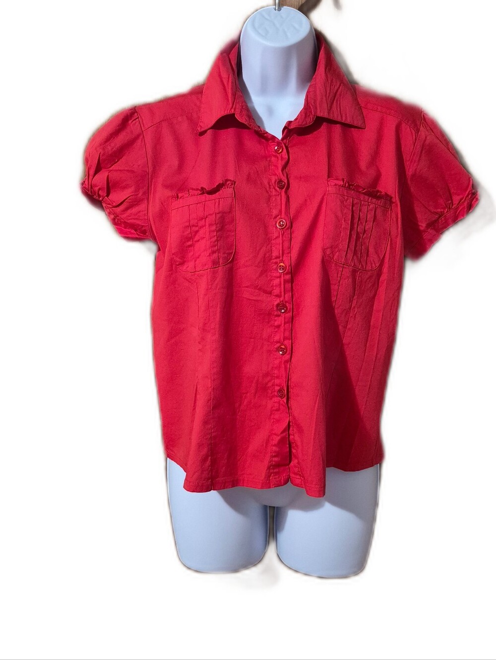 Voices Stretch Women’s Red Short Puff Sleeve Button-Up Shirt Front Pockets EUC